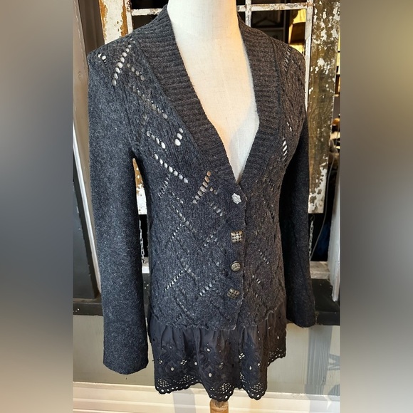 Free People Carbon Gray Pointelle Knit Cardigan with eyelet hem trim - Picture 3 of 9